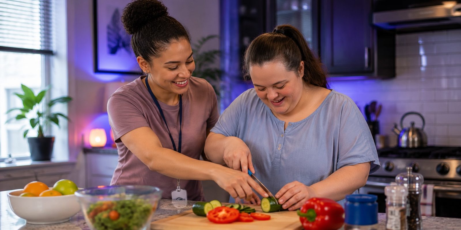 Individual practicing independent living skills in their own home