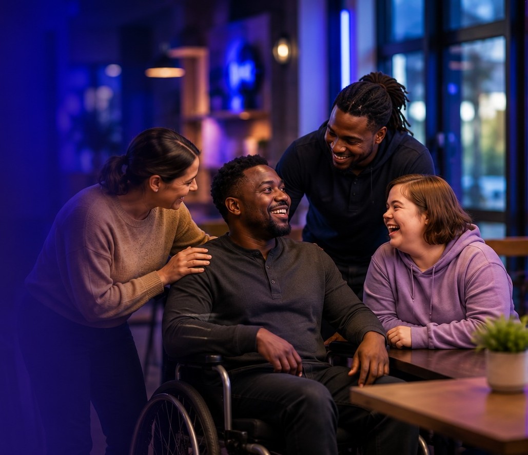 Mirrah Image Services participants and staff together, including a smiling man in a wheelchair surrounded by supportive friends and team members