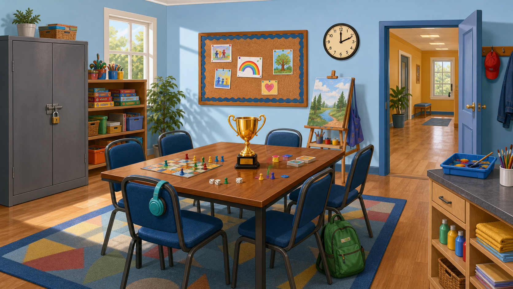 Activity room at 2 PM with a trophy on the table, a locked cabinet, chairs, art supplies, and an open doorway